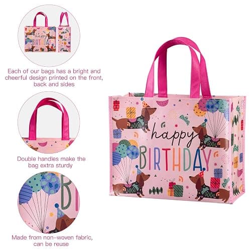 WRAPAHOLIC Large Reusable Pink Dachshund Birthday Gift Bag with Handles - 10 x 5 x 13 inch - Happy Bday Pink Dog Gift Bags for Kids Girls Birthday, Pet Lovers and Shopping thumbnail 2