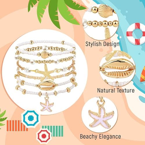 cow print Summer Beach Bracelets for Women Men, Stackable Seashell Starfish Beaded Bracelets, Seaside Holiday Vacation Party Birthday Gifts for Women Surfers Friends Her Him Family thumbnail 5