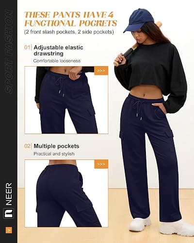 Neer 3 Pack Women's Cargo Sweatpants Wide Leg | Baggy, Loose, Pants with 4 Pockets, Elastic Waist, Drawstring, Casual, Athletic, Sweat, Joggers, Lounge, Running, Dance thumbnail 6