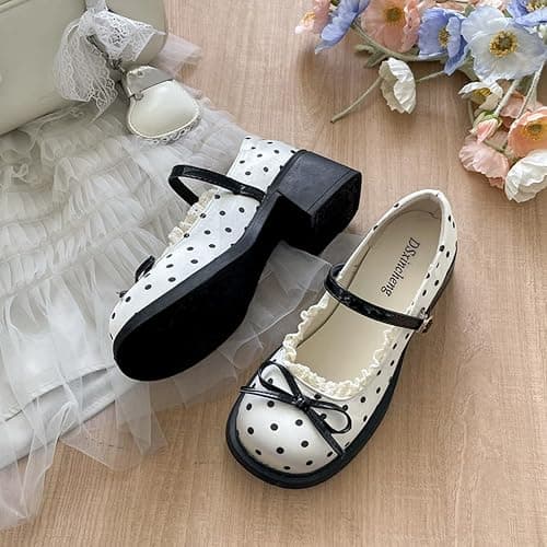 Scarpe Mary Jane da donna con punta rotonda a pois e fiocco | Delicato pizzo regolabile T-bar fibbia piattaforma tacchi dolce stile Lolita calzature per vacanze universitarie e feste thumbnail 5