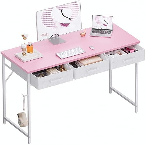 Pamray 47 Inch Small Computer Desk with 3 Drawers for Bedroom Study Writing Home Office Table for Small Spaces Pink - Image 1