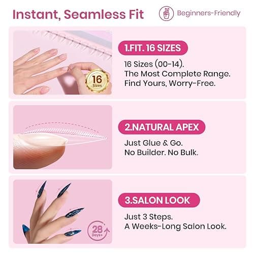Beetles Tipex Lite Instant Apex Nail Tips, Medium Stiletto, 16 Sizes | 00–14, Built-in Apex Acrylic Tips for Flat & Natural Nail Beds, Beginner-Friendly Easy DIY Nail Extensions thumbnail 3
