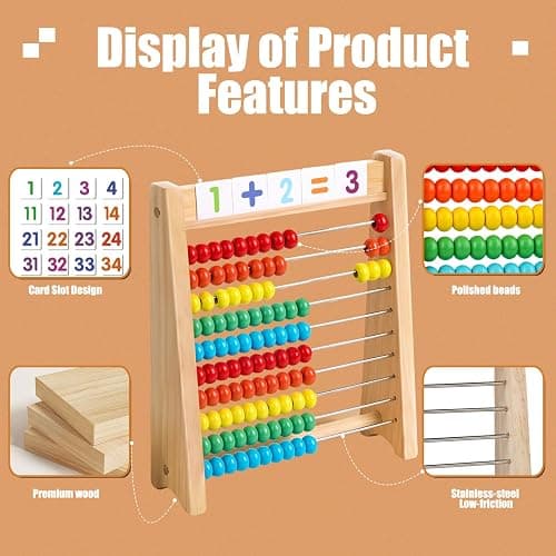 Ranqibo Wooden Abacus for Kids Math - 10-Row Counting Toy with 100 Beads, Number Cards & Counting Sticks, Educational Counters for Kids Math Gift for Age 3 4 5 6 7 Year Old Boy Girl thumbnail 4