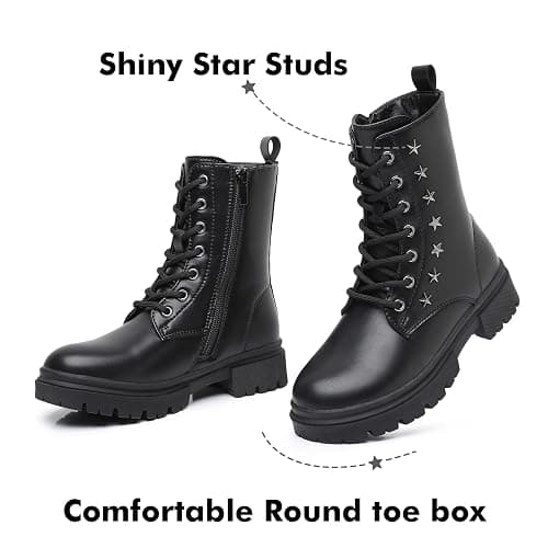 Ahannie Girls Combat Boots Kids Black Boots with Side Zipper | Easy On/Off, Cushioned Comfort, Lace-Up for Fit, Cute Star Detail thumbnail 3