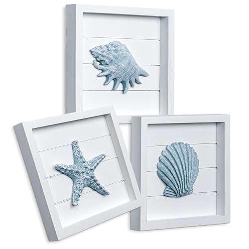 TideAndTales Blue Seashells and Starfish (Framed Set of 3) Coastal 3D Wall Art, Beach Wall Decor for Bathroom or Coastal Bedroom, Ocean Inspired Seaside Decorations for Home or Beach House (7"x7") - Image 1