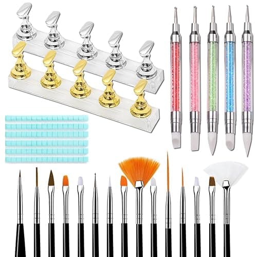 Nail Stand for Press Ons, 15Pcs Nail Art Brushes, 5Pcs Dual-Ended Nail Dotting & Sculpture Pens, Nail Stand DIY, Nail Holder for Painting Nails with 96Pcs Reusable Putty, Nail Art Tools - Image 1