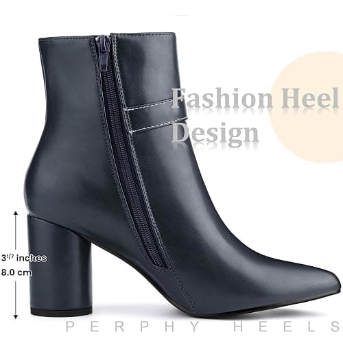 Perphy Women's Ankle Boots Pointed Toe Chunky Block Heel Side Zipper Dressy Booties thumbnail 2