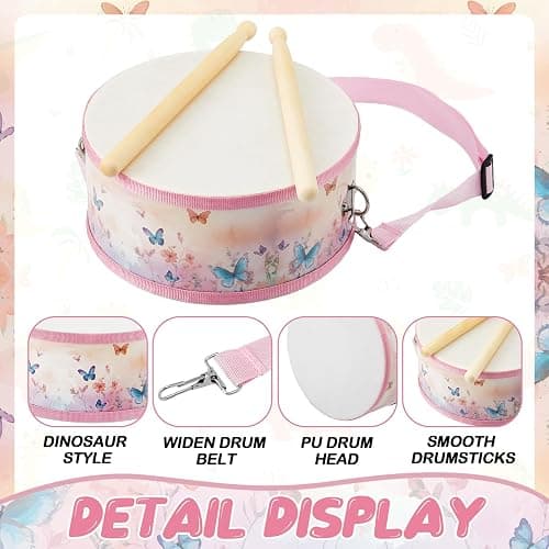 Boao 1 PC Kids Drum Set, 8 Inch Toddler Drum Wooden Toy with Adjustable Strap and 2 Drumsticks, Educational Sensory Musical Instrument for Toddlers Kid Baby Boys Girls Gift(Butterfly) thumbnail 3
