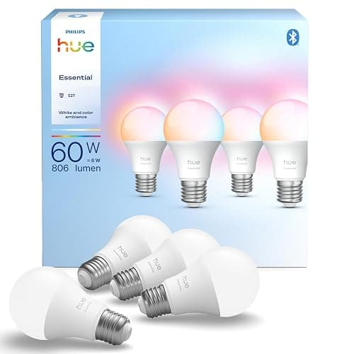 Philips Hue Essential Smart LED A60 Glühbirne,white and color, E27-Fassung, 8 W, 2200 K–6500 K, 806 lm, dimmbar, kompatibel mit Alexa, Google Assistant und Apple Home, 4er-Pack - Image 1