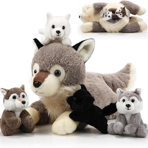 Shappy 5 Pieces Soft Wolf Stuffed Animal Family Set – 16 Inch Large Mommy Plush with 4 Small Baby Plushies on Galentines Valentines Day Easter Birthday Exchange Gifts for Kids Boys Girls - Image 1