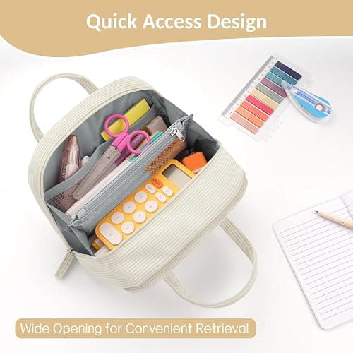 Sooez Large Pencil Case Pouch, Extra Big Pencil Bag with 5 Compartments, Pen Bag Wide Opening, Soft Corduroy Pencil Pouch Organizer with Zipper, Cute Aesthetic School Supplies for Teen Girls-Beige thumbnail 6