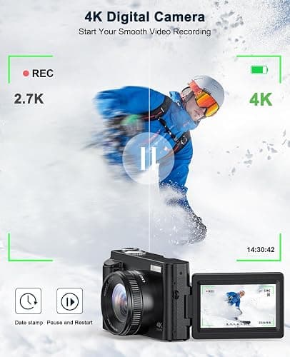 4K Digital Camera for Photography and Video, Autofocus Anti-Shake 48MP Vlogging Camera for YouTube, 3'' 180°Flip Screen Camera with Flash 16X Zoom, Digital Camera with 32GB Card Battery Charger Black thumbnail 2