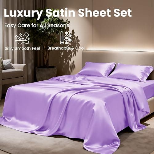 Love's cabin Satin Queen Sheets Set - 4 Piece Lavender Silky Bed Sheets with Deep Pocket, Luxury Silk Feel Satin Queen Size Sheet Set (1 Flat Sheet,1 Fitted Sheet,2 Pillow Cases) thumbnail 8