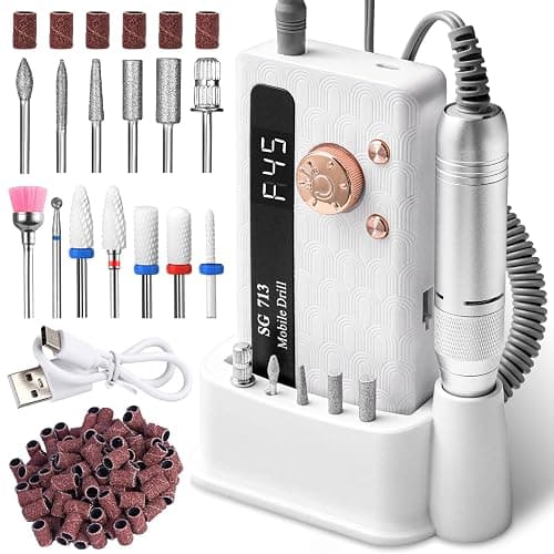 Professional Nail Drill Kit 45000RPM, Portable Electric Nail File with 13 Bits & 56pcs Sanding Bands,LED Screen,Ultra-Silent, Rechargeable Nail Drills Machine for Acrylic Nails Gel Polishing (White) - Image 1