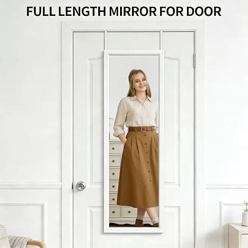 whitebeach 48" x 16" Over The Door Full Length Mirror Wall Mounted Hanging with 2 Metal Hangers for Bedroom Living Room Bathroom White thumbnail 3