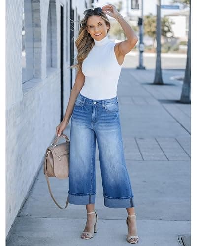 GRAPENT Wide Leg Jeans for Women High Waisted Stretchy Denim Crop Pants Fold Hem Cropped Baggy Jeans with Pockets thumbnail 5