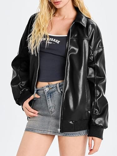 Tankaneo Womens Faux Leather Jackets Oversized Bomber Casual Fall Fashion Zip Up Moto Biker Coats thumbnail 2
