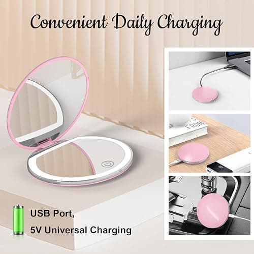 Kakuje Compact Mirror with Light, 1X/3X Magnification LED Pocket Mirror with USB Data Cable,Mini Mirror for Purse, Pocket,Travel and Present (Pink) thumbnail 8