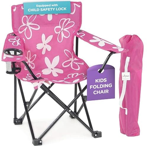 Emily Rose Kids Pink Folding Beach Camp Chair with Cup Holder Safety Lock & Carry Case - Toddler Girls Chair Ages 2-7 Indoor Outdoor Lightweight Portable - Floral Design 125lb Capacity - Image 1
