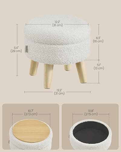 SONGMICS Storage Ottoman, Foot Stool, Round Ottoman with Padded Seat, Foot Rest with Wood Legs, Small Table, for Hallway, Living Room, 12.2 Inches, Teddy Fleece, White ULOM515WD01 thumbnail 2