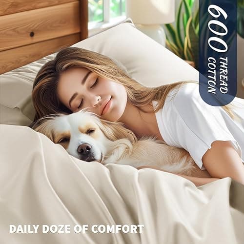 Shilucheng 100% Cotton Queen Size Sheets Set - 600 Thread Count，Luxury Egyptian Cotton Bed Sheets，5-Star Hotel Quality Sheets, Breathable & Cooling, 16 Inch Deep Pocket - 4 Piece (Cream, Queen) thumbnail 2