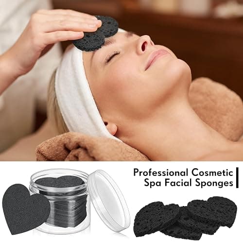Nuenen 60 Pieces Facial Sponges with Container, Heart Shape Compressed Face Sponges Natural Cleaning Pads for Washing Face Cleaning Exfoliating Esthetician Makeup Removal(Black) thumbnail 2