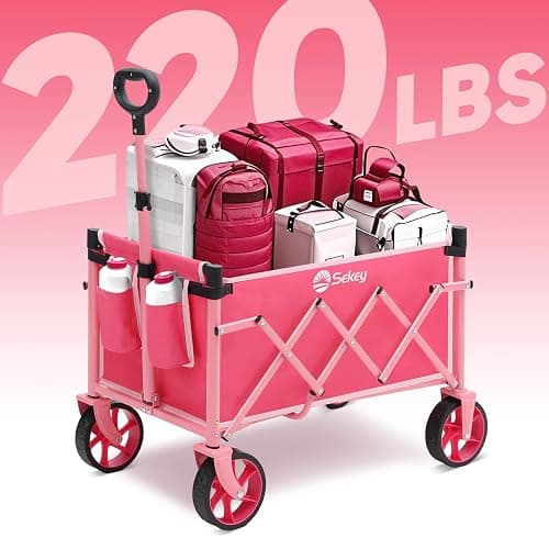 Heavy Duty Wagon with Big Wheels, Foldable Cart with 220LBS Capacity, Utility Lightweight Wagon, Collapsible Grocery Shopping Cart for Camping Sports & Holiday. Pink thumbnail 4