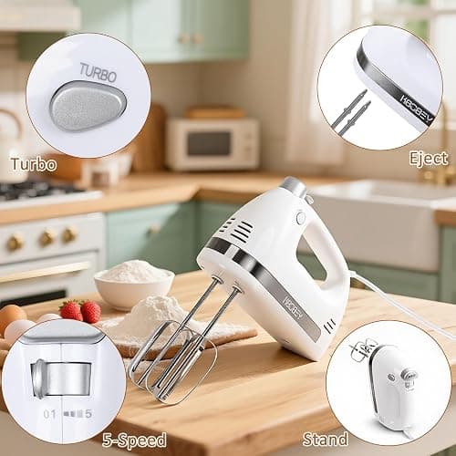 KBOBEY 450W Electric Hand Mixer, 5-Speed Handheld Mixer with Storage Case, Turbo & Eject Button, Includes 2 Beaters & 2 Dough Hooks for Baking, Cake, Egg, Cream (White) thumbnail 5