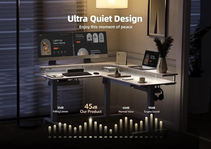 Claiks 63" L Shaped Standing Desk with Drawers and LED Lights, Height Adjustable Electric Corner Standing Desk with Monitor Stand & Power Outlet, 4 Memory Preset, White thumbnail 7