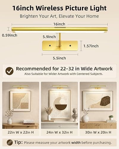 EZVALO Picture Light for Wall, 4800mAh Rechargeable Wireless Remote, 16in Dimmable Magnetic LED Art Display Light with 3 Color Temperatures, for Gallery, Living Room, Bedroom, Hallway (Gold) thumbnail 7