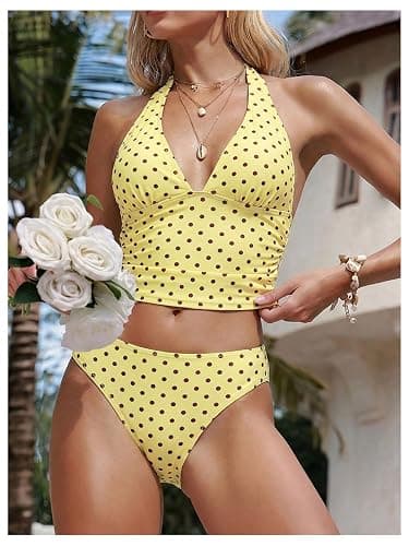 Milumia Women's Polka Dots Tankini Swimsuits Halter V Neck Backless Two Piece Bathing Suits thumbnail 4