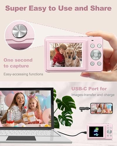 CAMKORY Digital Camera 1080P 44MP FHD Compact Digital Camera 16X Digital Zoom Anti-shake Vlogging Camera for Students Seniors Beginner Pink thumbnail 5