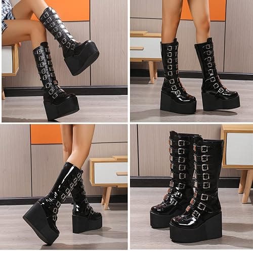 HINDOLA Womens Platform Punk Goth Mid Calf Boots Rivets Metal Decoration Back-Zip Knee High Motorcycle Booties Combat Boots thumbnail 5