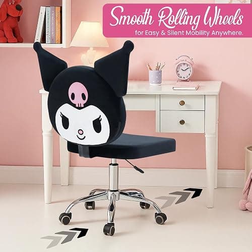 Impressions Vanity Kuromi Armless Swivel Cute Desk Chair for Bedroom, Velvet Makeup Vanity Chair with Back, Rolling Wheels Silver Metallic Base and Adjustable Height (Black) thumbnail 4