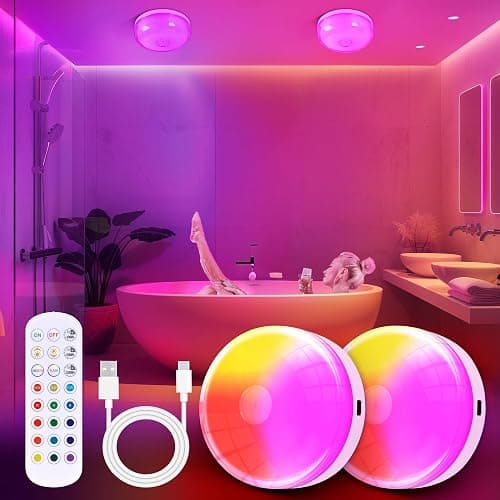 2-Pack Rechargeable Shower Light No Wiring, 15 RGBW Color Changeable Waterproof Lights for Shower with Remote(Dimmable＆Timer), LED Light for Inside Shower, Wireless Mood Lighting for Bathroom, White - Image 1