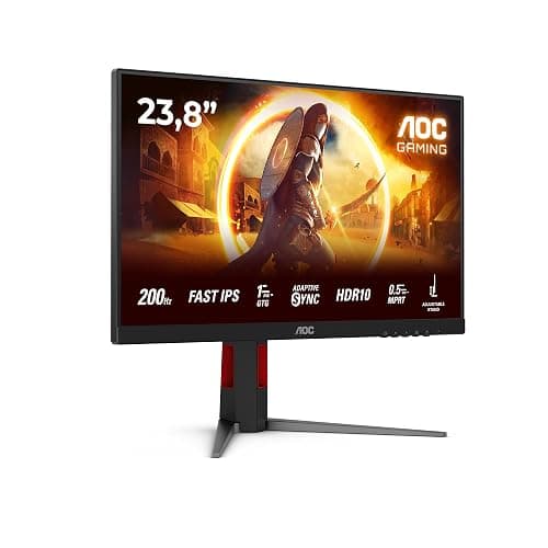 AOC Gaming 24G4HA - Monitor Full HD da 24 pollici, 200 Hz, 1 ms, comp. G-Sync, HDR10 1920x1080, 2x HDMI 2.0, 1x DisplayPort 1.4 nero-rosso, 24 inch FHD IPS, Regolazione altezza - Altoparlanti - Image 1
