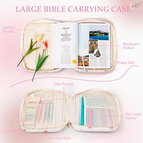 KOUDGY Bible Cover Case for Women Large Quilted Bible Carrying Bag with Handles Bible Study Supplies & Accessories Christian Gifts for Women(Pink Bow, M) thumbnail 4