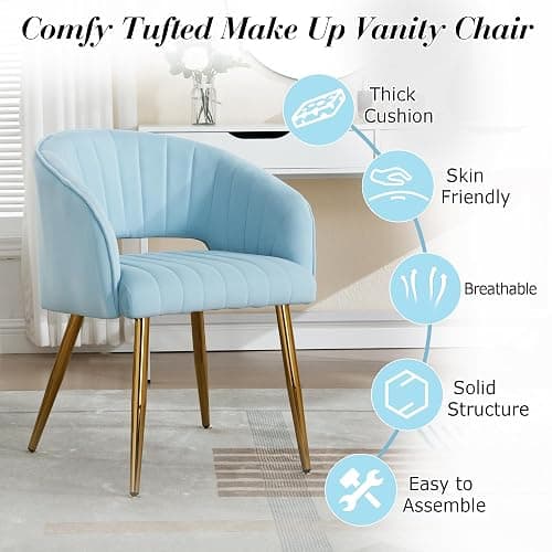 Homedraft Velvet Vanity Chair, Modern Home Office Desk Chair with Hollow Back, Upholstered Dining Chair with Gold Metal Legs, Comfy Accent Chair for Living Room Bedroom, Light Blue thumbnail 6