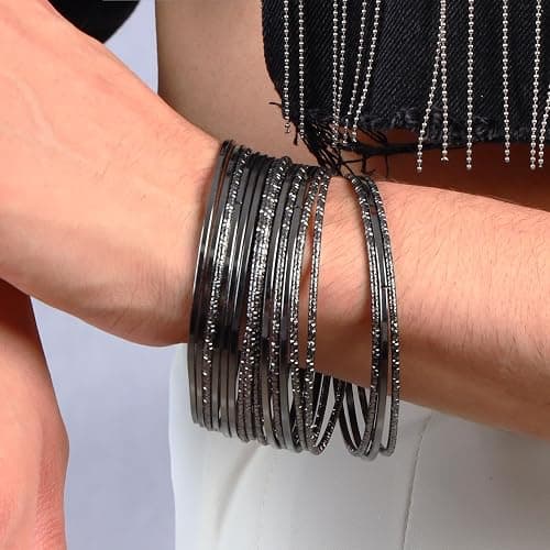 JAZTAKU 80S Multiple Textured Metal Black Bracelets & Bangles Set for Women Multi Layer Stackable Textured Bracelets Boho Jewelrys Set. thumbnail 8