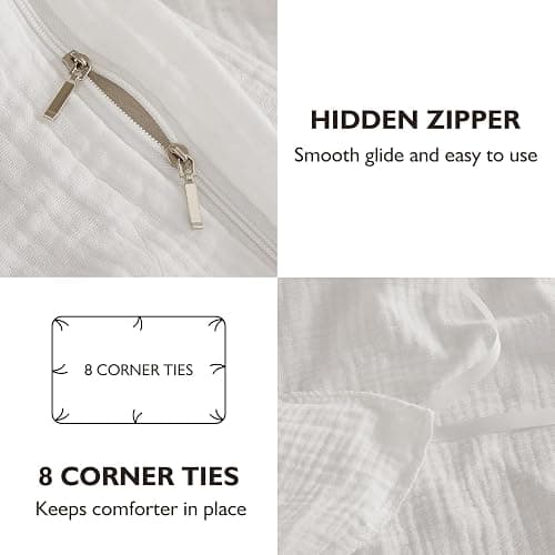 EMME Muslin Cotton Duvet Cover Set Cream White Queen Size Linen Like Soft Breathable Lightweight Summer Comforter Cover Set with Zipper Closure (Cream White, Queen, 90"x90") thumbnail 6