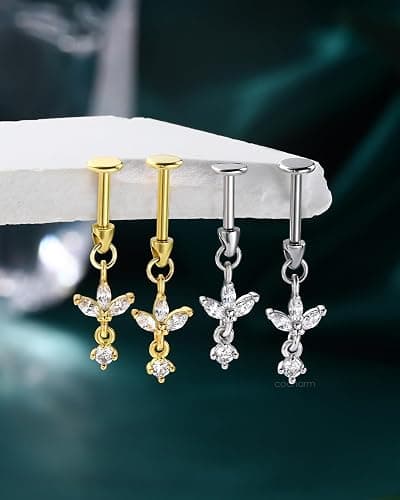 COCHARM 16G Flower Cartilage Earring Vertical Helix Piercing Jewelry, Flat Back Piercing Stud for Cartilage, Dangle Design, Gold and Silver Tone Lobe Helix Earring Stud thumbnail 7