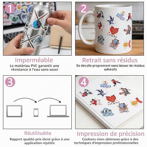 XRVRILE Lot de 220 autocollants de hockey et pince à épiler, autocollants de hockey sur glace, autocollants esthétiques, vinyles, imperméables, graffiti, pour skateboard, voiture, ordinateur portable thumbnail 4