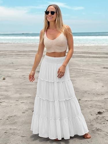 LUXVEER Women’s Summer Boho Maxi Skirts Smocked High Wasited Flowy Tiered Ruffle A Line Long Beach Skirt thumbnail 7
