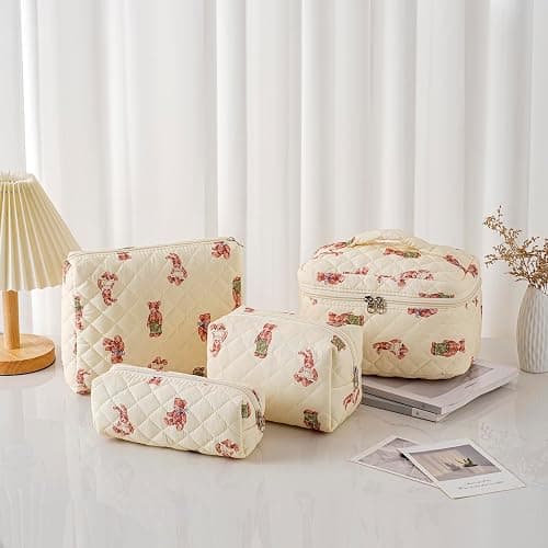 uekeboag 2 pcs Large Floral Quilted Makeup Bag Set for Women, Cotton Quilted Big Cosmetic Bag, Coquette Aesthetic Cute Travel Toiletry Bag thumbnail 3