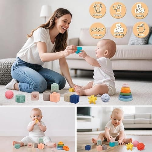 Weilim Montessori Toys Soft Stacking Building Blocks Rings Balls Sets 3 in 1 Baby Toys Bundle for Babies Sensory for Toddlers Teething Bath for Infants Learning Education Toy thumbnail 5