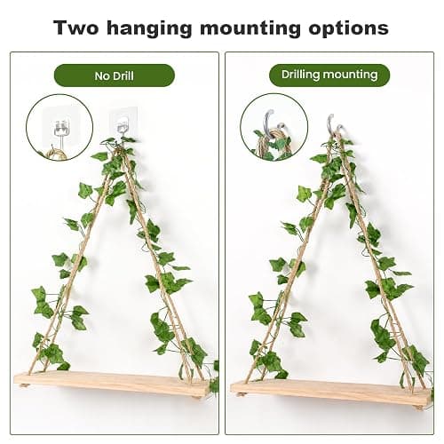 RICHER HOUSE Macrame Floating Shelves for Wall No Drilling, Boho Hanging Shelf with Artificial Ivy and LED Lights, Plant Wall Decor for Living Room Bedroom Dorm thumbnail 4