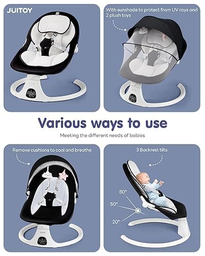 Electric Baby Swings for Infants to Toddler Baby Swing with 5-Speed 3-Seat Positions 5-Point Carabiner,with Bluetooth Music 10-Preset Melodies (Black White) thumbnail 4