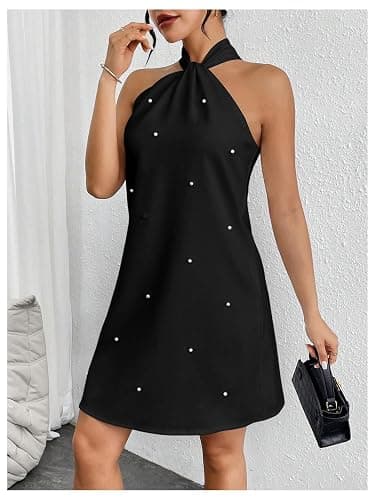 Floerns Women's Pearl Beaded Halter Twist Sleeveless Tie Back Dress A Line Dress thumbnail 4