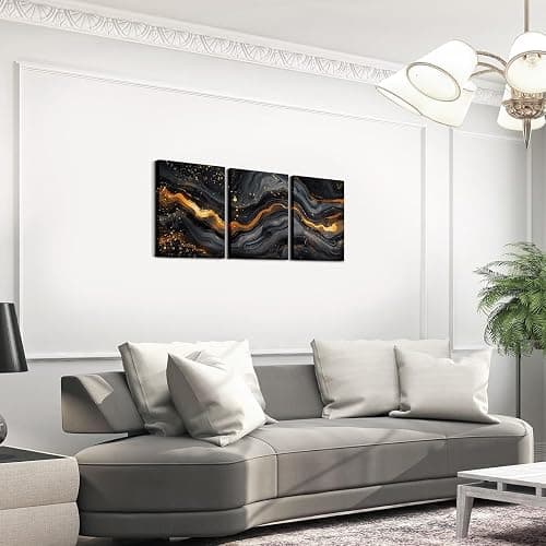 Castle Fairy Black Marble Artwork Paintings Wall Decor Living Room Gold Fluid Dots Wall Decorations For Bedroom Office Modern Marbling Wall Painting Prints Art Home Decor 3 Piece thumbnail 3