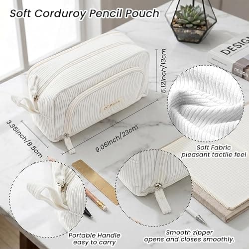 Pisipinis Large Pencil Case Pouch, Soft Corduroy Pen Bag with Zipper, Pencil Organizer, Cute Aesthetic School Supplies for Teen Girls Adults thumbnail 4